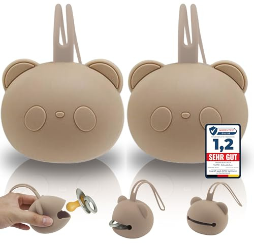 Tastic Schnullerbox Baby - 2x Silikon Schnullerbox für unterwegs in Pandaform – Schnulleraufbewahrung BPA frei – Box vielseitig nutzbar und leicht zu Reinigen. beige + beige