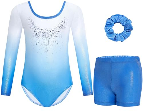 Gogokids Tredelad gymnastikdräkt för flickor, långärmad, med shorts och pannband, glänsande dansklänning med gradient färgdesign, för 3–12 år, blå vit, 140(130-140 cm,9-10Y)