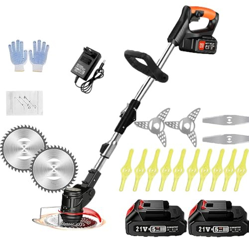 Coupe Bordure sans Fil avec Batterie, Debroussailleuse Electrique sans Fil, (2 Batteries de 2,0 A et Chargeur Rapide) Coupe Bordure, Débroussailleuse, avec 3 Types de Lames pour Jardin, Cour