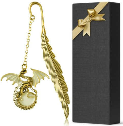 Fantasy fjärde vingen, metallbokmärke lyser i mörkret, coola drakbokmärkesgåvor för kvinnor män bokälskare läsare (guld drake)