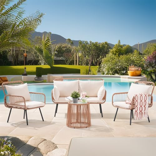 OC Orange-Casual Gartenmöbel Set, 4-TLG Polyrattan Balkonmöbel, Sitzgruppe für 4 Personen, mit Tisch & Kissen 2 Packet, Ecksofa-Set für Garten, Hinterhof, Balkon, Beige Rattan & Weiß Kissen