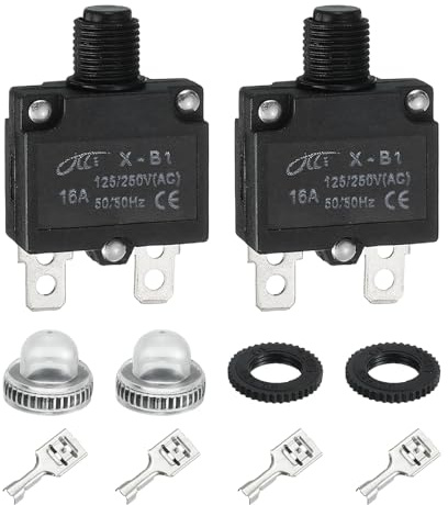 sourcing map Lot de 2 disjoncteurs thermiques 16 A, 125/250 V AC, 32 V CC à réinitialisation manuelle avec boutons poussoirs étanches, bornes à connecteur rapide