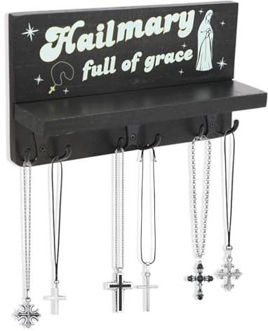 BINRANHS Mary Praying Rosary Holder,Large Wooden Rosary Tray Wall Mount With 6 Hangers Catholic Rosary Storage Organizer Decorative Hanger Holder For Necklace, Bracelet，Cross Key Chain Prayer Storage