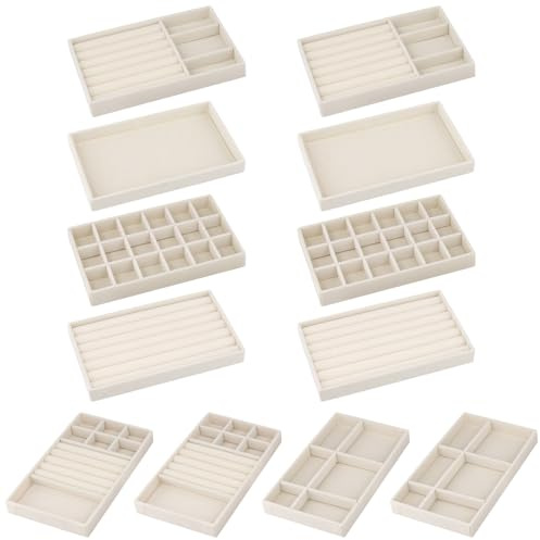 SYUTBOU 12 Stück Schmucktablett, 21,5 x 12,5 x 2,5 cm Schmuck Organizer Beige, 6 Verschiedene Fächer, Schmuck Aufnahmebox für Schmuck Und Accessoires