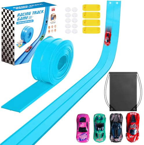 Car Track 4.5m, Flexible Race Track Cars Ramp Track Toy with 4 Alloy Cars and Storage Bag, Rolls Up Portable Dual Car Race Tracks Toy for Kids Ages 3+ (Blue)