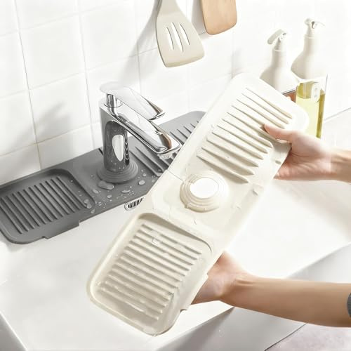 FuYelng 2 Pièces Tapis de Robinet en Silicone 37 * 10 * 1 cm, Pliable Tapis Evier Cuisine Pliable Découpable Protection Anti Éclaboussure, pour Cuisine Salle de Bain (Gris, Beige)