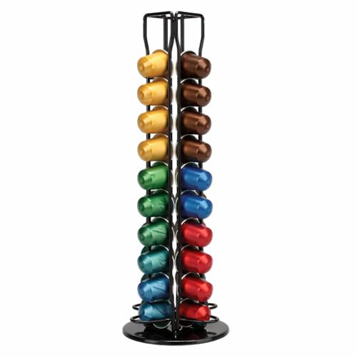 PWRco Coffee Capsule Holder Rack, 40 Pod Rotating Tower, 360° Spin Capsule Organiser Compatible with Nespresso Capsules, Alloy Steel Black Finish, Solid Base, Countertop Coffee Pod Storage