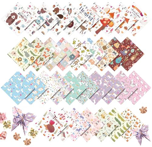 Plstod 150 Blatt Bastelpapier im 3er-Set – 15 cm, 180 g/m² – Motivpapier mit Cartoon, handgemalten Tieren & Einhorn (je 50 Blatt) – Für Scrapbooking, Karten & DIY-Projekte