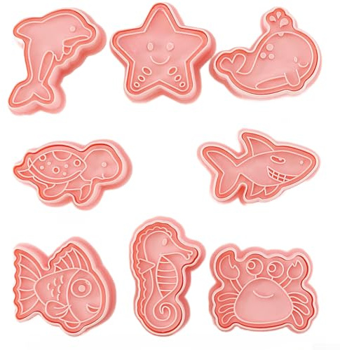 Vilgftyiet Moldes de galletas de animales marinos de 8 piezas, juego de polipropileno apto para alimentos, para hornear, fondant y manualidades comestibles, diseño fácil de presionar y quitar