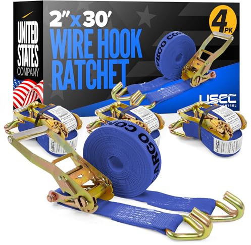 US Cargo Control Wire Hook Ratchet Straps 2 Inch x 30 Foot (4-Pack), 10,000 LBS Break Strength, Ratchet Straps Heavy Duty with Double J Hooks, Blue Cargo Tie Downs for Flatbed Trailers and Trucks