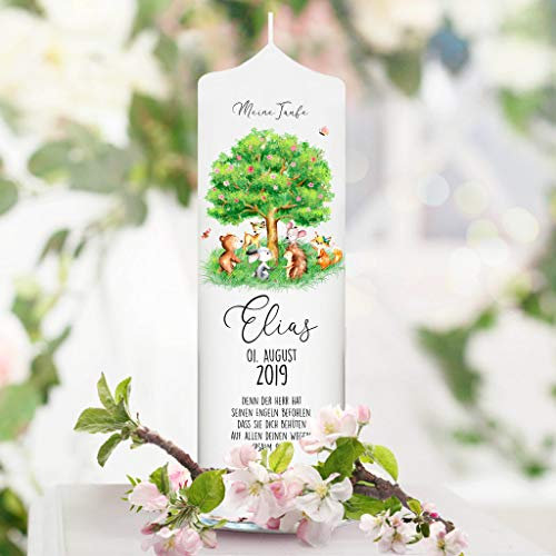 Wandtattoo Loft Taufkerze Junge oder Mädchen mit Taufspruch, Motiv Baum mit Waldtieren, 25cm x 7cm, personalisierte Kerze, bedruckte Kerze zur Taufe, Stumpenkerze, Geburtskerze, Taufgeschenk