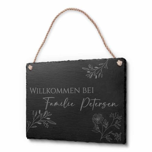 Schöne Schiefer Türschilder für die Haustür mit Gravur - 20x15 cm - Schiefer Schild mit Kordel zum Aufhängen - personalisiertes Familienschild Gartenschild Willkommensschild