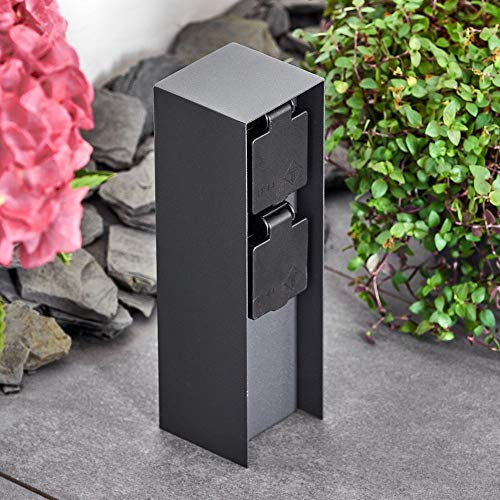 Presa da esterno Abilene, presa da giardino in metallo in antracite con 2 prese e coperture a cerniera per installazione permanente, presa multipla per uso esterno, IP44