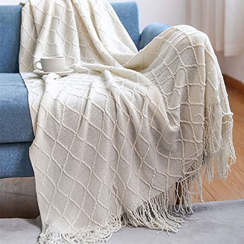 Zoomlie Rosa Strickdecke mit dekorativen Fransen, Quasten, einfarbig, Diamant-Textur, gemütlich, leicht, Decke für Sofas, Büro, Couch, Stuhl, Sofa, Bett (Beige, 130 x 170 cm)