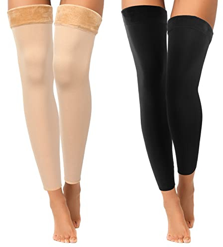 Bencailor 2 Pairs Fleece Leg Warmers Women Over Knee Winter Thick Fleece Lining Elastic Socks for Winter Compression Socks (Black, Beige,Footless Style)