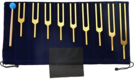 Dreld 9 PCS Solfeggio Stimmgabel Set Chakra Stimmgabel mit Silikonhammer Tasche 174Hz, 285Hz, 396Hz, 417Hz, 528Hz, 639Hz, 741Hz, 852Hz, 963Hz, für DNA-Reparatur Heilung Klangtherapie (Golden) | Goldene Aluminium Solfeggio Stimmgabeln mit Hammer, Samtbeutel und Reinigungstuch für Klangtherapie, Heilung, Balancing
