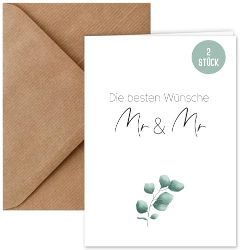 2 x Hochzeitskarte Mr & Mr Boho Stil – Glückwunschkarte zur Hochzeit Schwules Hochzeitspaar DIN A6 | Klappkarte mit Kuvert DIN C6 | Klappkarten LGBTQ Männliches Paar floral Eucalyptus (2 Stück)