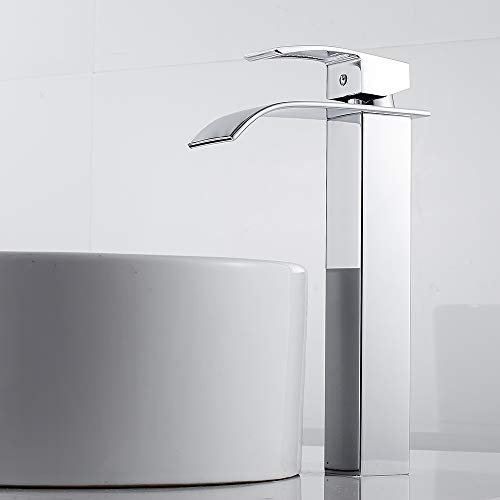 Your's Bath Waterfall Basin Mixer Tap Bathroom Countertop Tap Single Lever Handle Tall Waterfall Bathroom Sink Tap Square Mono Brass Faucet(Silver)