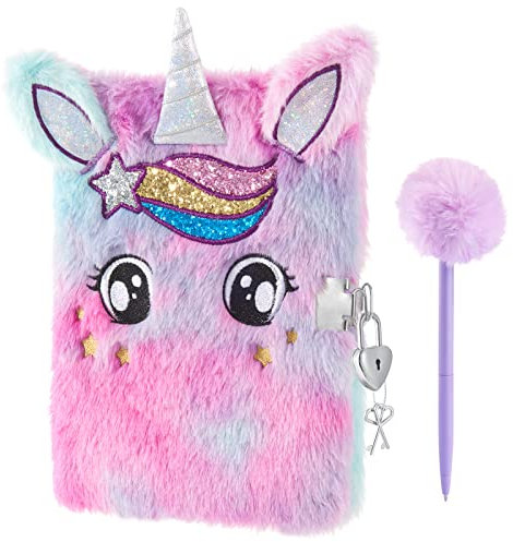 Plüsch Einhorn Notizbuch Set - Funkelndes Einhorn Tagebuch für Mädchen Kinder Geschenk Stickerei Schule A5 Geheim Gefütterter Notizblock Kugelschreiber Klebeband mit Schlössern und Schlüsseln
