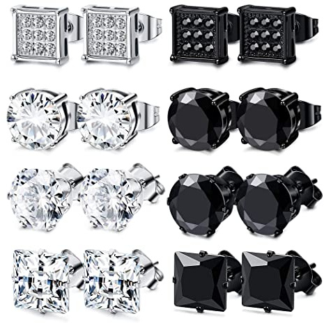 KALVICA 8 Pairs Stainless Steel Stud Earrings - Silver & Black Cubic Zirconia Square Earrings - Hypoallergenic for Men, Women & Girls - 6MM