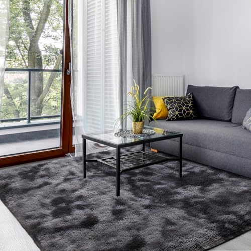 SOANNY Hochflor Wohnzimmer Teppich, Waschbar Anti-Rutsch, Flauschige Moderne Langflor Shaggy Teppich für Schlafzimmer & Kinderzimmer, Bettvorleger Matte, 90x150 cm, Dunkelgrau