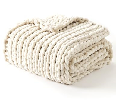 YnM Chunky Throw Blanket, Hand Knitted with Chenille Yarn, Skin Friendly, Ventilated and Breathable, Machine Washable, Home Décor Piece for Couch, Sofa and Bed (Butter Cream, 30x40 Inch)
