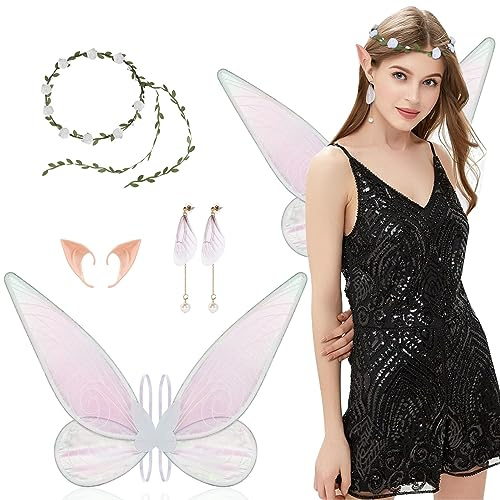 Aomig Feenflügel Erwachsene, Fairy Wings Kranz-Tiara , Feenflügel Damen Elfenohren, Flügel Fee Erwachsene Geeignet Fasching Karneval Geburtstag Cosplay Party Halloween(Weiss)