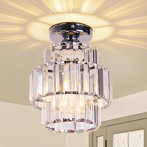 Cainjiazh 2-stufige Kristall-Deckenleuchte E27, Chrom | Bündige moderne Deckenlampe mit wechselbaren E27 Leuchtmitteln für Schlafzimmer, Flur, Küche und Bad