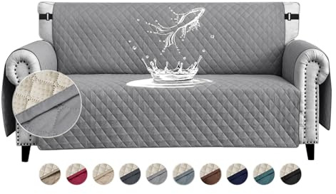 FIGOOO wasserdichte Sofabezug 3 Sitzer Dicke Sofaschoner Wasserdicht Gesteppte Sofa Überzug mit Seitentaschen Sofaüberwurf rutschfest Kratzfest für Haustiere Hunde Katzen,Blassgrau