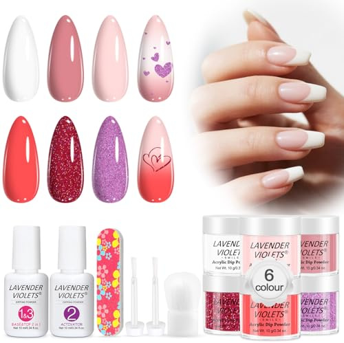 Lavender Violets 6 Couleurs Acrylique Trempage Poudre Système French Nail Art Dip Powder Manucure 2 En 1 Base, Activateur De Vernis De Finition Brosse à Ongles Lime à Ongles M202
