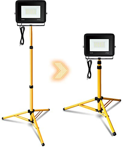 Gimisgu Baustrahler LED mit Stativ, 20W Kaltweiß Arbeitsstrahler 1700LM, Baulampe mit 1m Kabel, 6000K Wasserdicht IP66 für Konstruktion Werkstatt, Garage, Keller, Schuppen(kein Stecker)