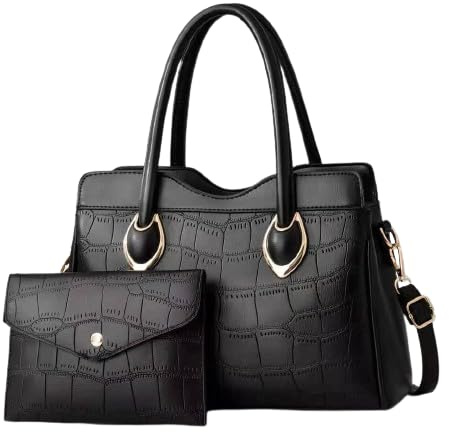 Bolso Bandolera Mujer Mano Hombro Set Monedero 2 piezas Elegante Bolsa Cartera Cuero Sintetico PU Dama incluye Cuerda para Bandolera Mujer Dama Señora Madres Regalo Viaje… (Negro)