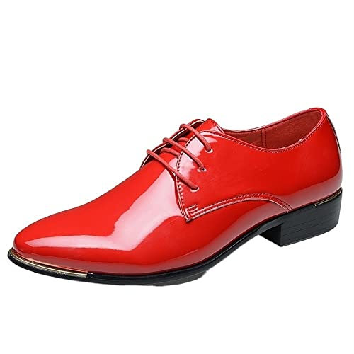 Ninepointninetynine Scarpe Eleganti da Uomo Stringate Scarpe Derby in Pelle Verniciata con Punta Liscia Lucida Tacco Largo Suola in Gomma Low Top Business (Color : Rosso, Size : 42 EU)