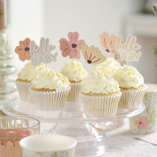 Ginger Ray Adornos florales para cupcakes con diseño de Hello Baby y flores con púas de madera, paquete de 12, color pastel