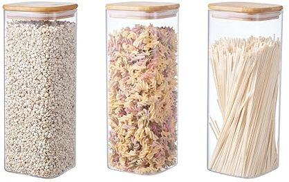 ORNAMI Airtight Glass Pantry Storage Canister with Bamboo Lid | BPA-Free, Clear Kitchen Storage Jar | Square shaped (3, 2L)
