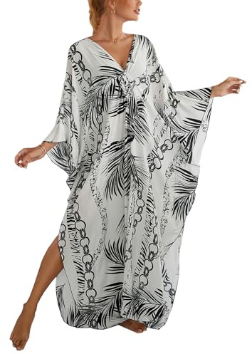 sunforyou Kaftan Dresses for Women Black Leaves Caftans Plus Size V-Neck Batwing Dress Loungewear(8772-18)