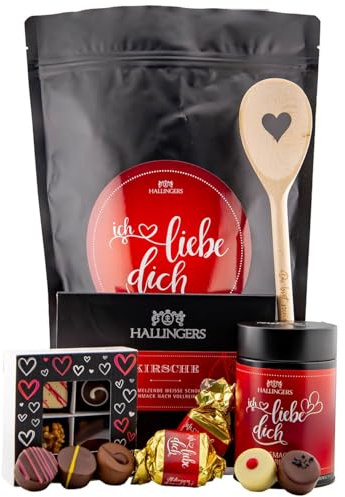 Hallingers Genuss Manufaktur Feinkost Valentinstagsgeschenk-Set - XXL-Wundertüte Ich liebe Dich großer Liebesgruß Pralinen, Nougat-Busserl, Tafel Schokolade & Kochlöffel, Valentintstag für Frauen