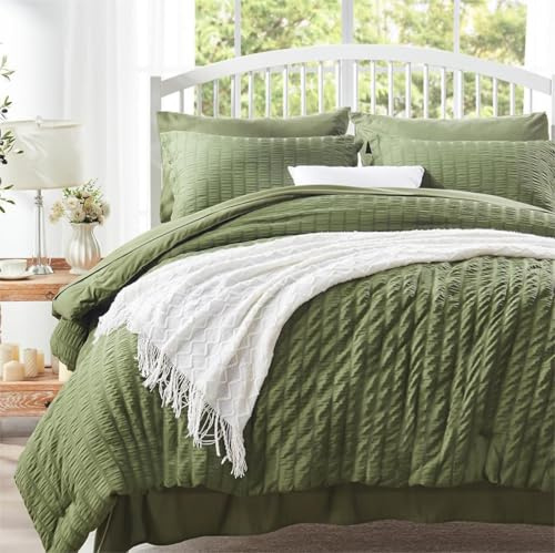 Freyamy Bettwäsche 155x220 Seersucker Olivengrün Geprägt Gestreifte Bettwäsche-Sets Aesthetic Microfaser ÖKO-TEX Bettbezug 1 Deckenbezug mit Reißverschluss und 1 Kissenbezug 80x80cm