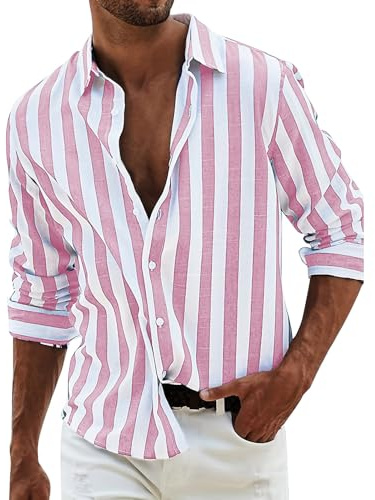 Camicia in lino, da uomo, a maniche lunghe, estiva, a righe, per il tempo libero, con bottoni