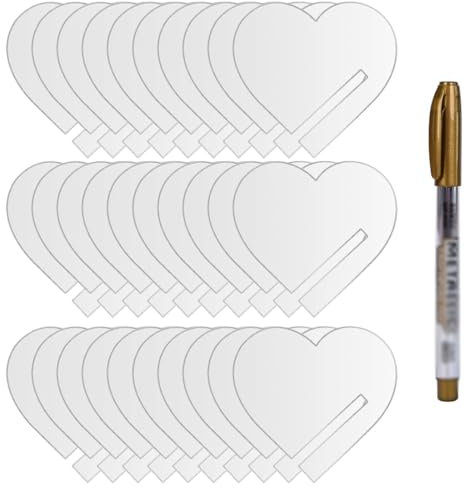 EIHI Marcatore per Bevande In Acrilico Etichetta - 30 pezzi segna bicchieri calici con 1 pennarello - segnabicchieri per calici da champagne,cocktail,martini,bar,feste(cuore,trasparente)