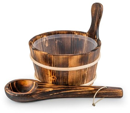 SAUNAINTER Yakisugi - Secchio per sauna con mestolo, set di accessori per sauna, stile giapponese, in legno carbonizzato, inserto in plastica, cestino da sauna (4 l)