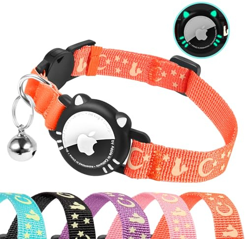 AgoumLux Premium Katzenhalsband Airtag, Katzen Halsband Tracker Kompatibel Apple Air Tag, Katzenhalsband mit Sicherheitsverschlussfür Klein und Welpen, Orange, S(23-33 cm)