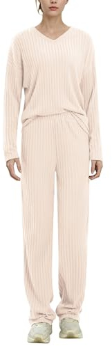 AGYMNX Schlafanzug Damen Lang Pyjama Set Baumwolle Lange Ärmel Gestricktes Yoga-Sets mit V-Ausschnitt 2 Stück Slim Fit Frauen Gemütliche Nachtwäschee mit Taschen Sportanzug Trainingsanzug