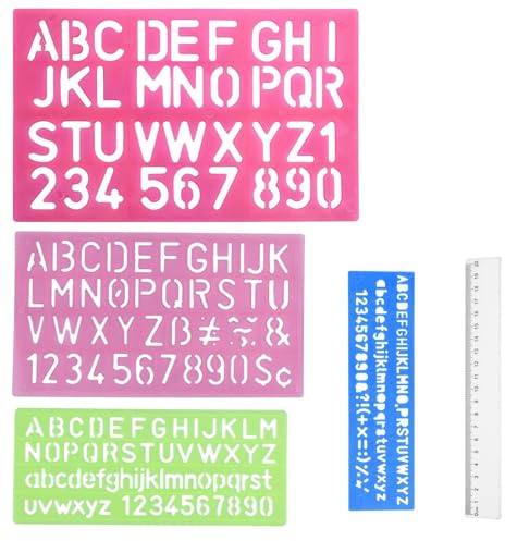 AMANDELIZABE Set di 4 stencil in plastica con righello da 20 cm, stencil alfabeto, lettere e numeri, per bambini, disegno, pittura, apprendimento, fai da te
