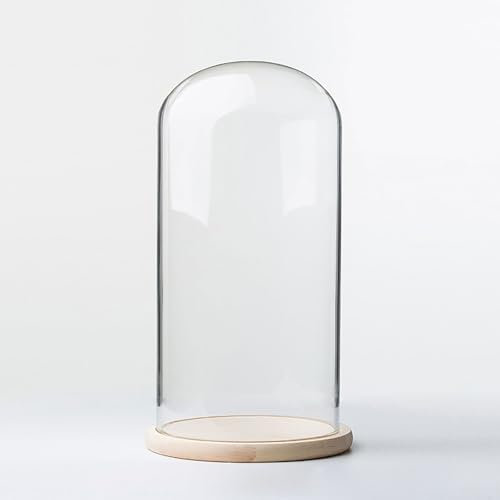 Glasglocke mit Massivholzsockel, Durchmesser 18 cm, ideal für Pflanzen, Ornamente und Figuren, Größe 18 x 30 cm