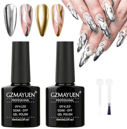 GZMAYUEN 2 * 10ml Metallic Painting Gel for Nail, Mirror Silver Golden Metal Liner Painted Drawing Gel, 3D Mirror Effect Nail Polish für Salon Home DIY Maniküre