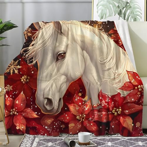 Weihnachtsdecke - Kuscheldecke Flauschig Weihnachts Pferd, Decke Fleecedecke Weihnachtssternblume, Weiche Warme Decke Wohndecke als Sofadecke Wolldecke Couchdecke Tagesdecke 200x200 cm Y-970