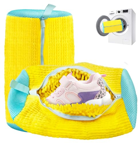 Shoe Washing Bag for Washer Dryer - 2Pcs Yellow Reusable Polyester Shoe Laundry Bag with Rust-Proof & Tear-Resistant Zipper, Universal Size for Sneakers/Canvas Shoes, Protects Shoes & Washing Machine