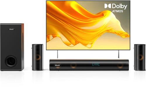 Hiwill Barra de sonido Dolby Atmos de 5.1 canales para TV, barra de sonido de habitación pequeña con 2 altavoces traseros con cable, sistema de sonido envolvente, subwoofer con cable de 5.25 pulgadas,