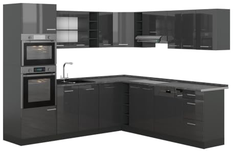 Vicco Eckküche R-Line, Anthrazit Hochglanz/Anthrazit, 247 x 237 cm | 14 Module · Höhenverstellbare Füße · AP Anthrazit inkl. · Robuste Fronten · Mit Backofen-/Mikrowellenschrank